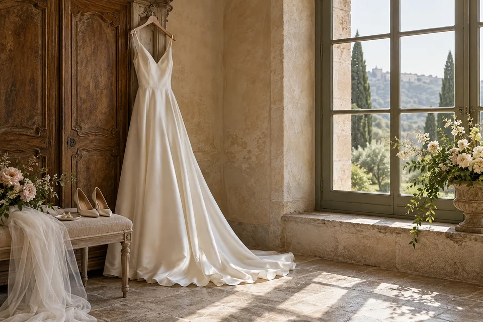 Ivory wedding gown beside a tall sunlit window