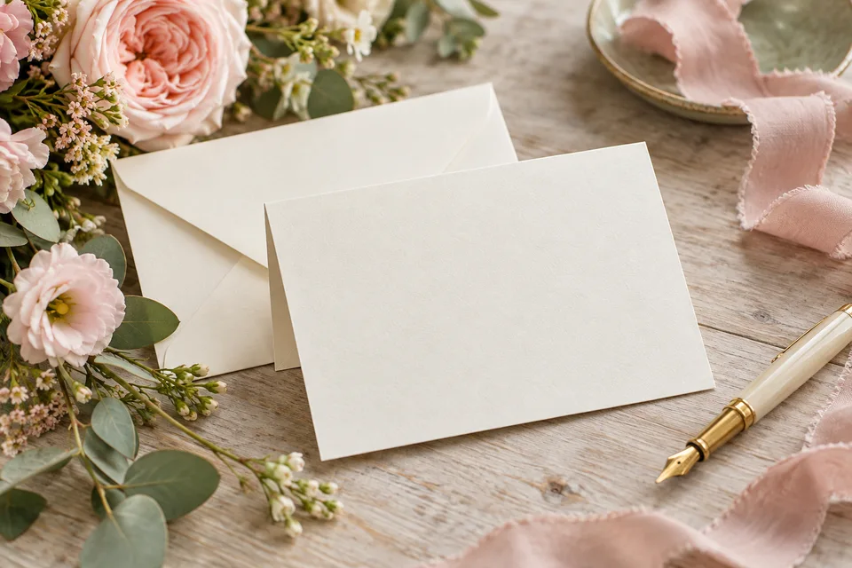 Blank wedding card and envelope beside flowers and a pen