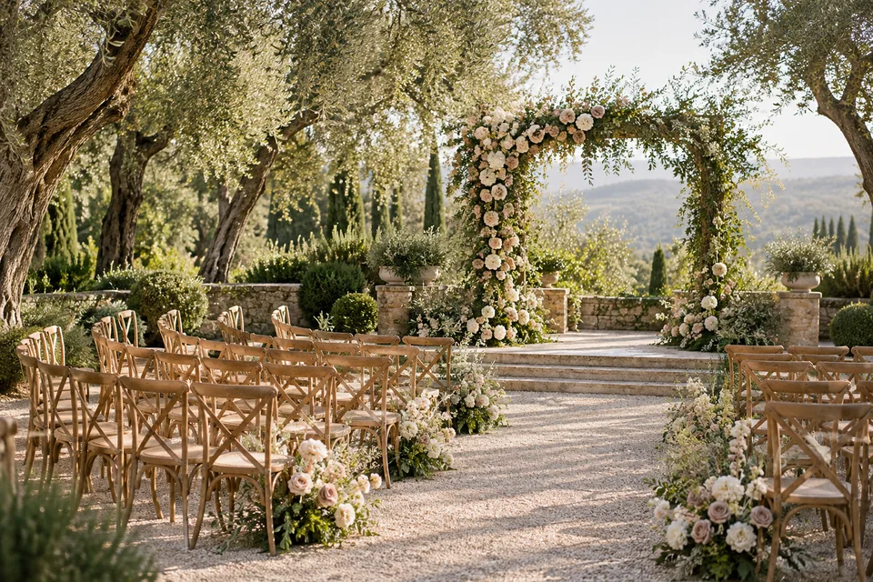 Garden ceremony chairs beneath olive trees and a floral arch