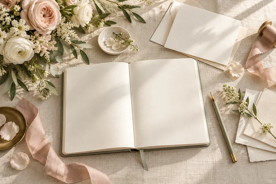 Blank planning notebook with ivory stationery, ribbon, and flowers