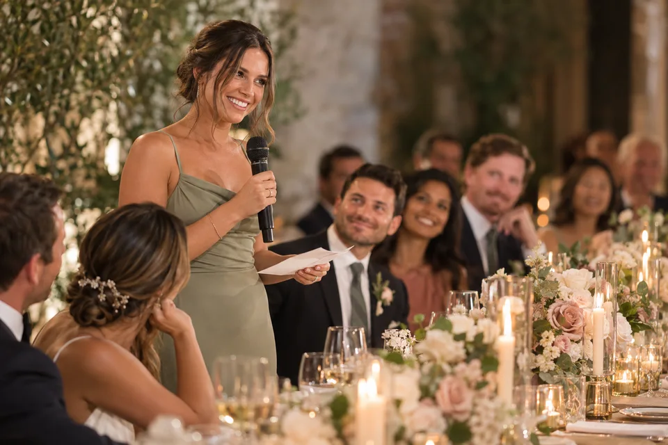 A wedding guest smiling as she gives a reception speech