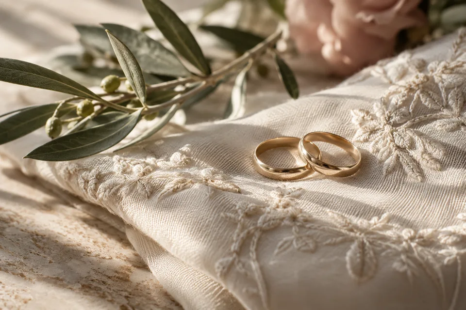 Two gold wedding bands on embroidered ivory cloth