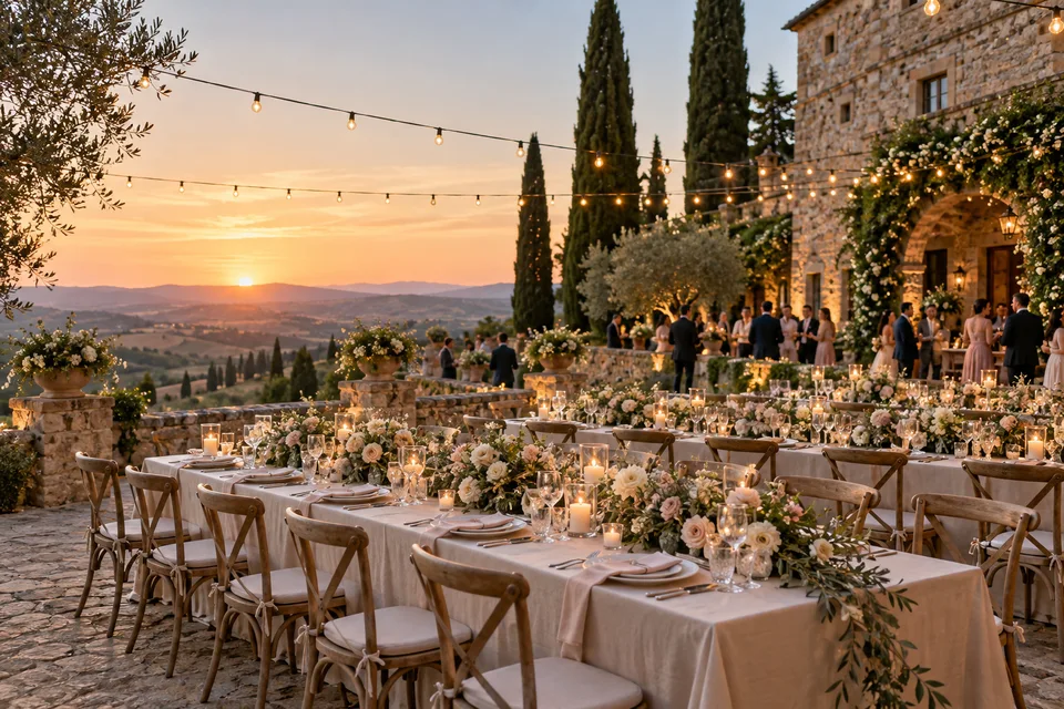 Sunset reception with linen-covered tables in a stone courtyard
